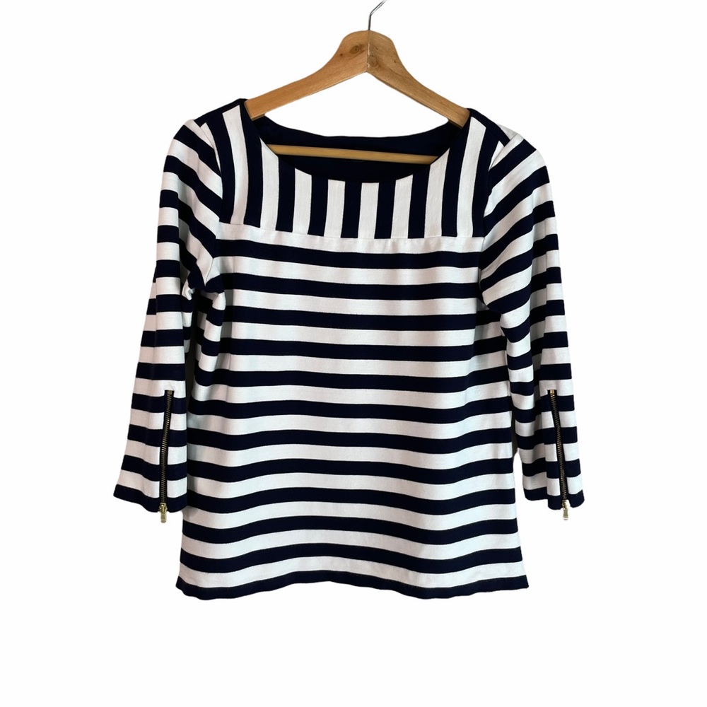Talbots Navy Blue & White Stripe 3/4 Sleeve Top